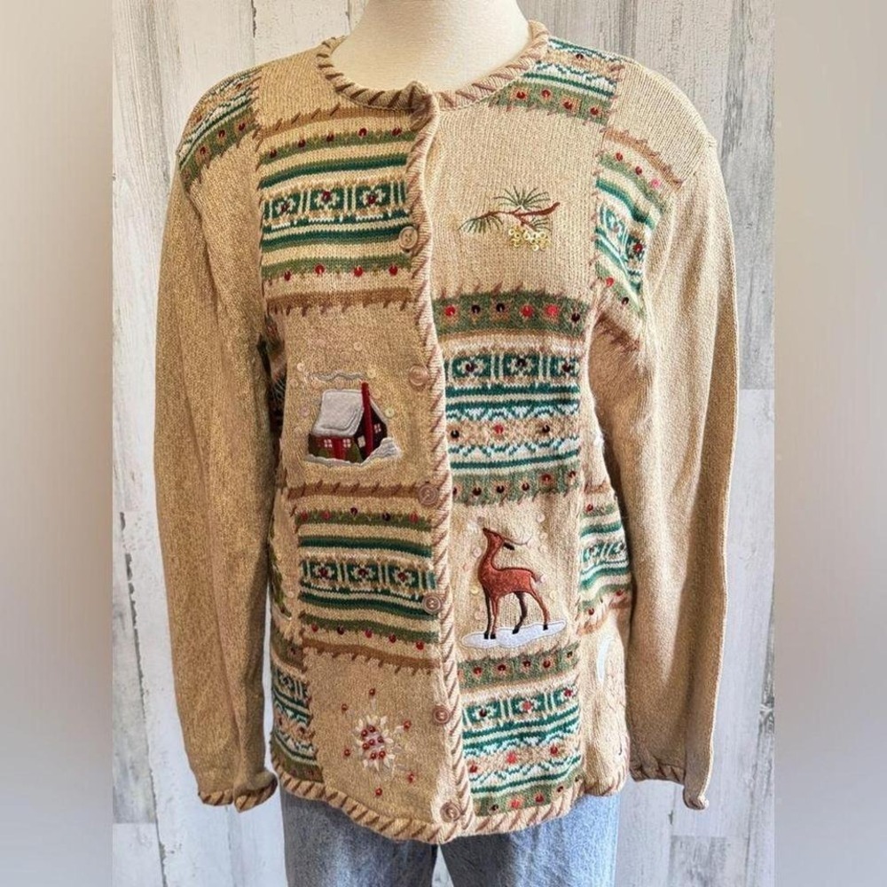 Vintage Embroidered Winter Cardigan XL whimsical kitchy Christmas‎ holiday